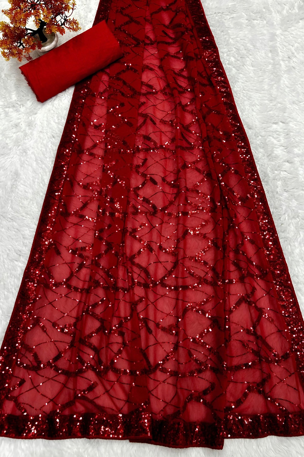 Vibrant Red Georgette Sequin Work Designer Saree for Women