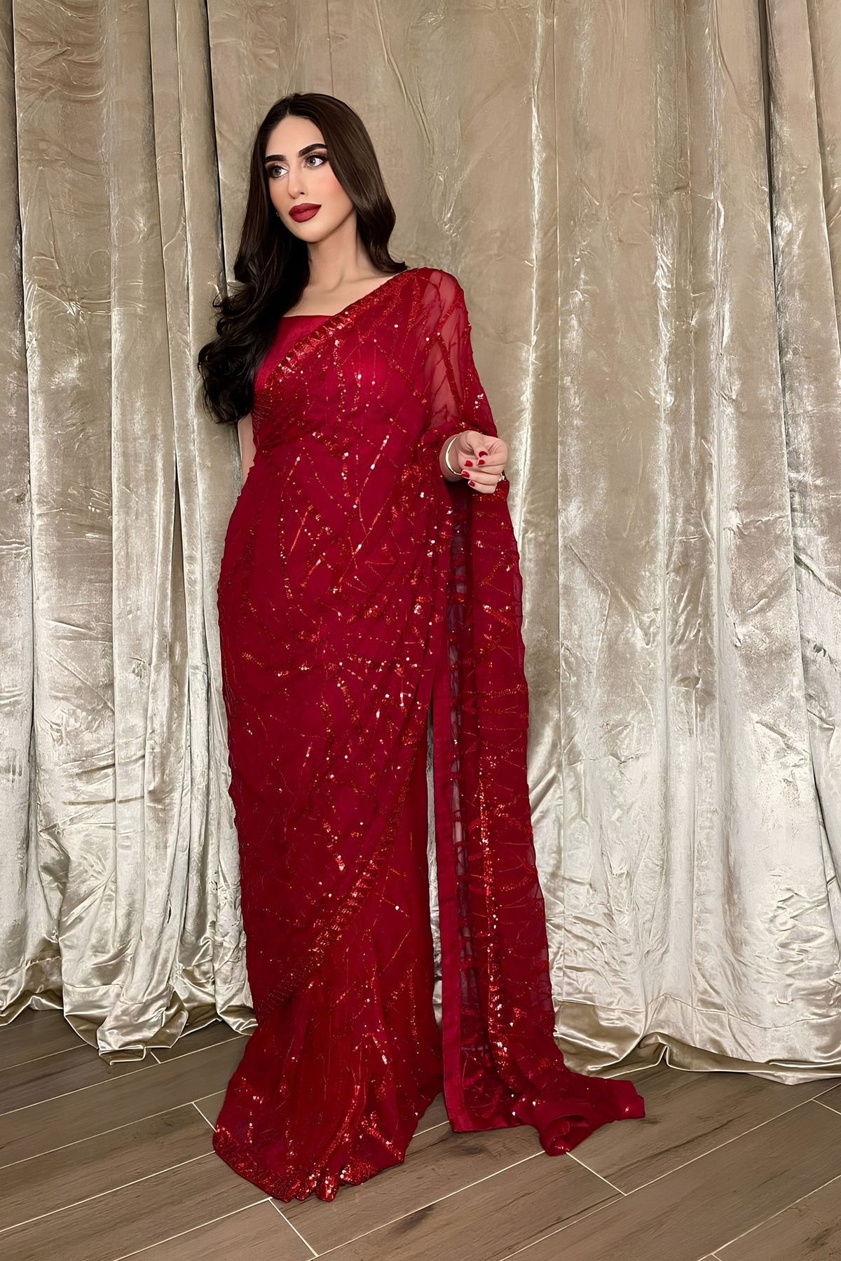 Vibrant Red Georgette Sequin Work Designer Saree for Women