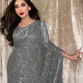 Elegant Grey Georgette Sequin Work Designer Saree for Women