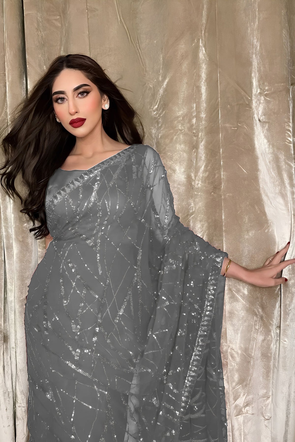 Elegant Grey Georgette Sequin Work Designer Saree for Women