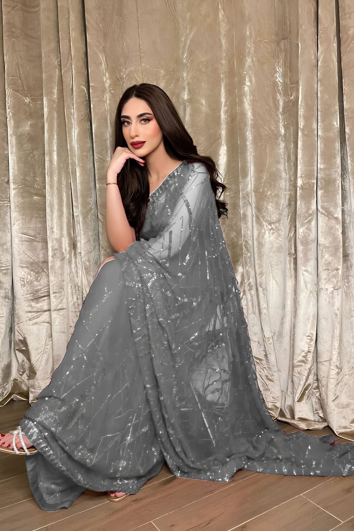 Elegant Grey Georgette Sequin Work Designer Saree for Women