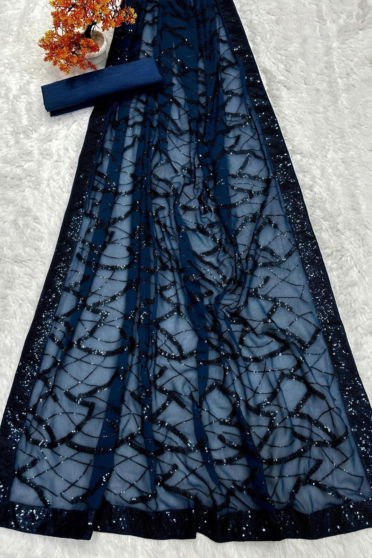 Royal Teal Blue Georgette Sequin Work Designer Saree for Women