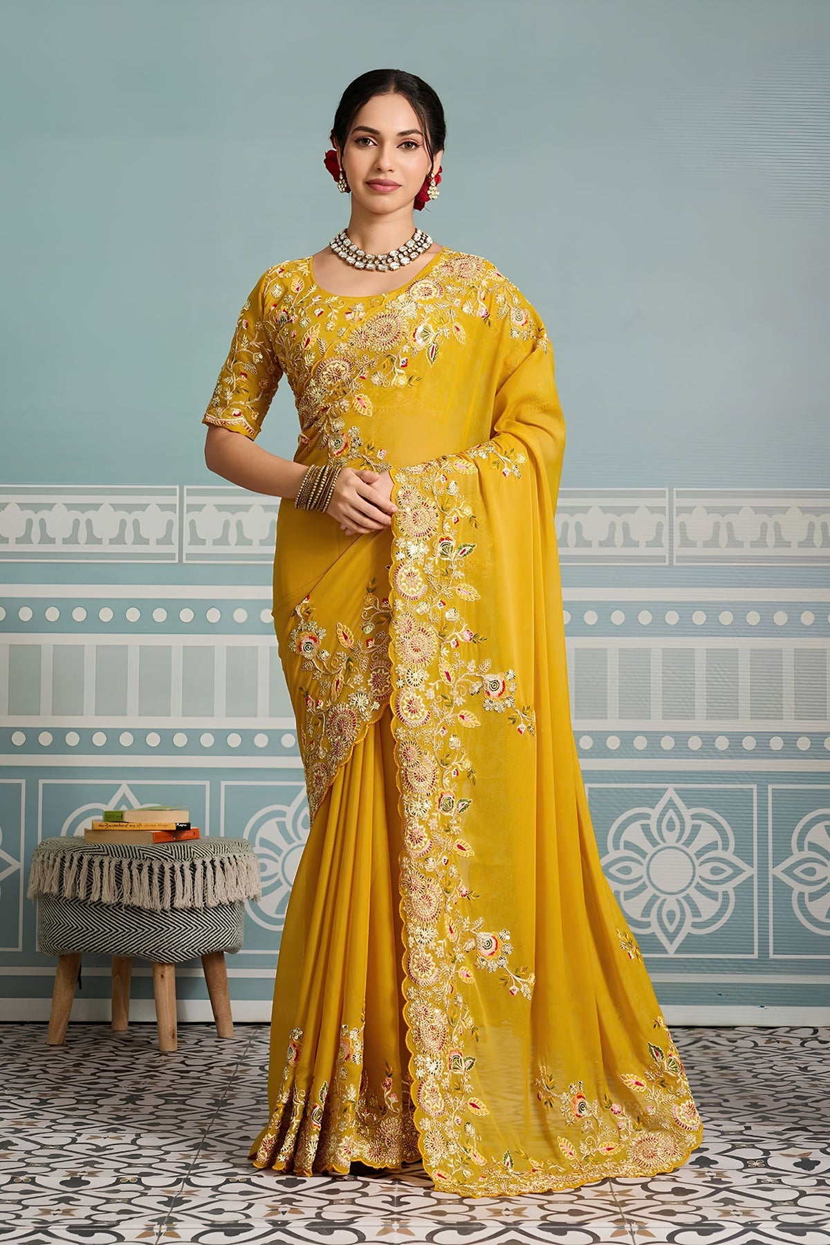 Elegant Mustard Yellow Georgette Embroidered Designer Saree for Women