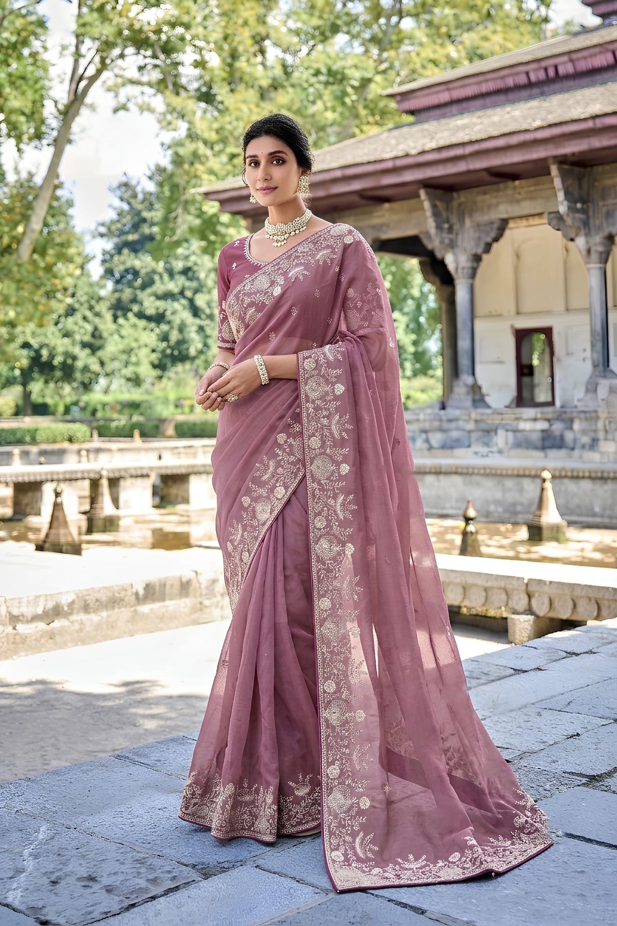 Lovely Mauve Pure Tissue Silk Embroidered Designer Saree for Women