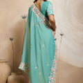 Elegant Aqua Blue Soft Chiffon Embroidery Saree with Floral Border for Women