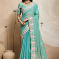 Elegant Aqua Blue Soft Chiffon Embroidery Saree with Floral Border for Women