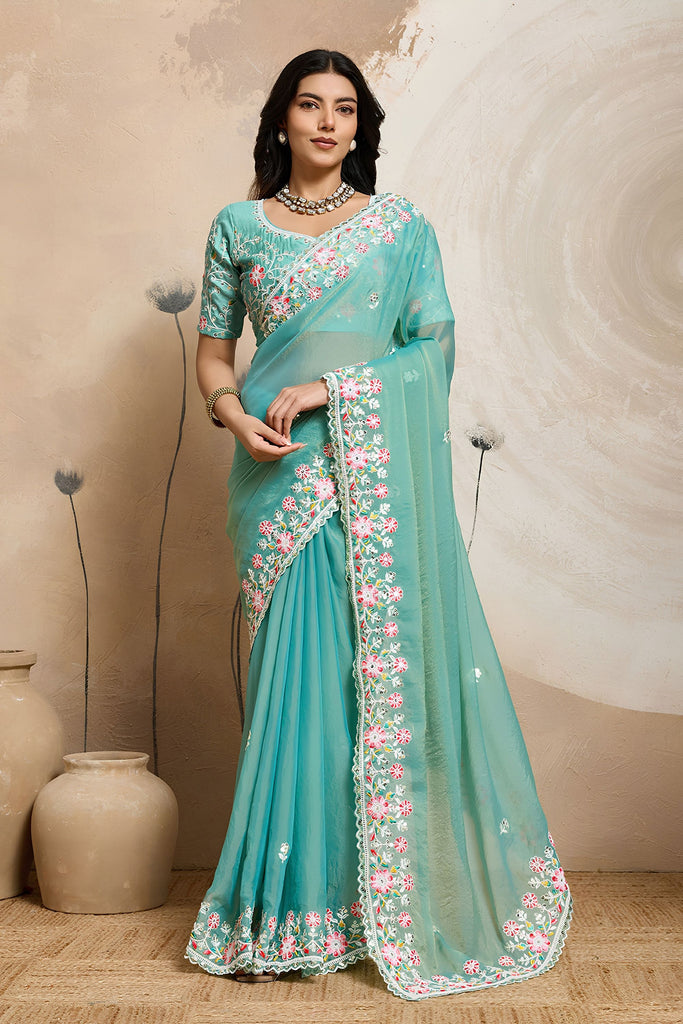 Elegant Aqua Blue Soft Chiffon Embroidery Saree with Floral Border for Women