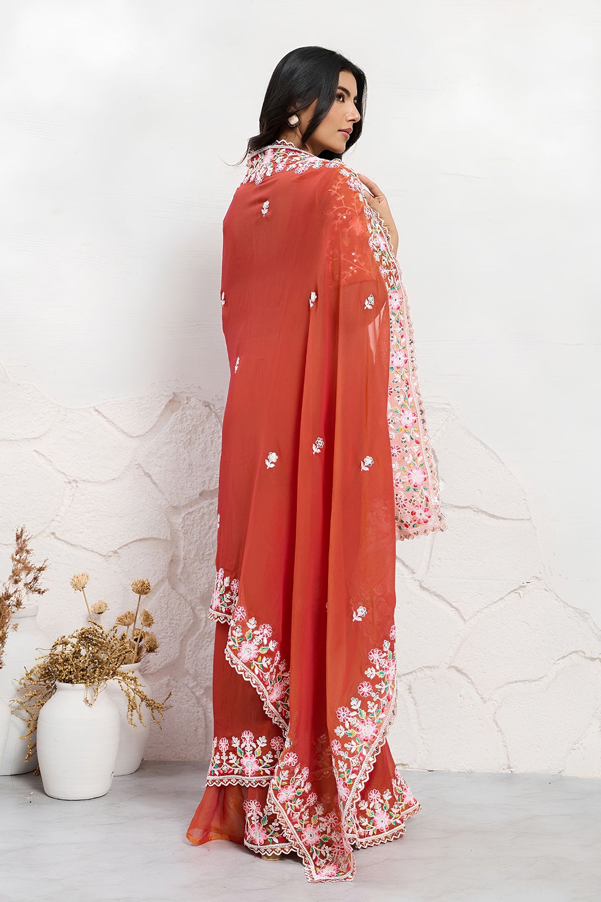 Stylish Red Soft Chiffon Embroidery Saree with Floral Border for Women