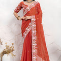 Stylish Red Soft Chiffon Embroidery Saree with Floral Border for Women