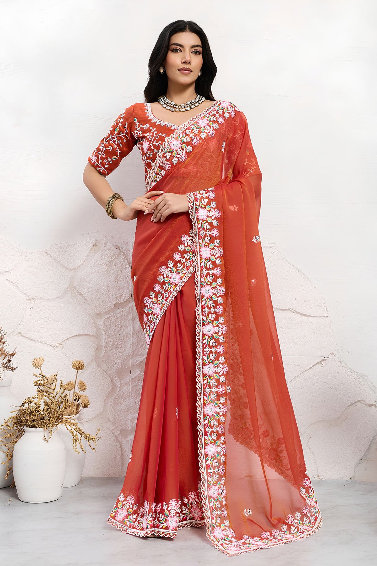 Stylish Red Soft Chiffon Embroidery Saree with Floral Border for Women