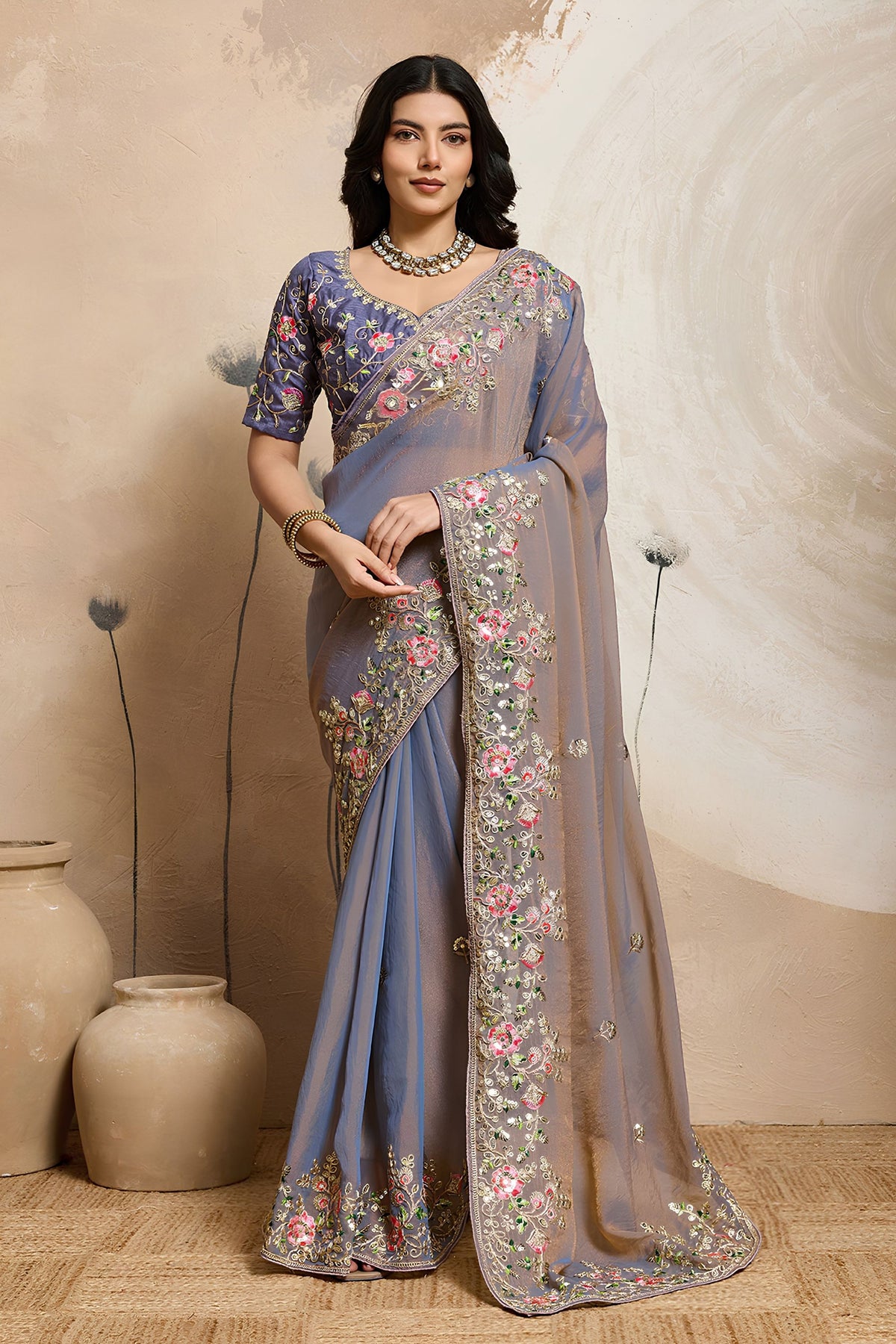 Elegant Lavender Soft Chiffon Embroidery Saree with Floral Border for Women
