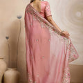 Beautiful Pink Soft Chiffon Embroidery Saree with Floral Border for Women