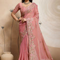 Beautiful Pink Soft Chiffon Embroidery Saree with Floral Border for Women