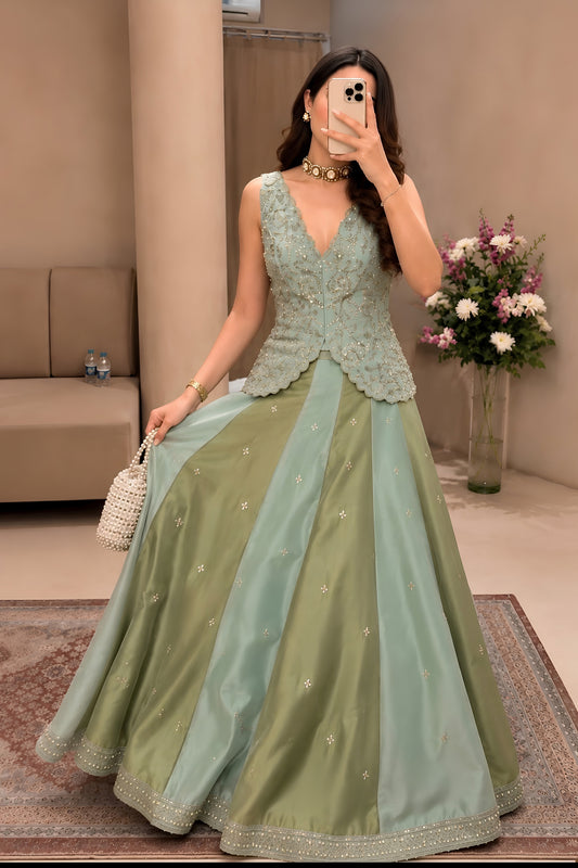 Elegant Olive Green and Mint Green Chinon Silk Embroidered Designer Lehenga Choli for Women