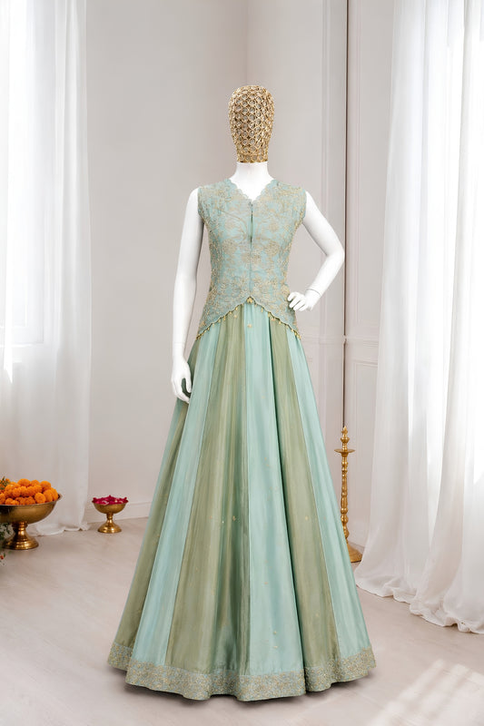Elegant Olive Green and Mint Green Chinon Silk Embroidered Designer Lehenga Choli for Women