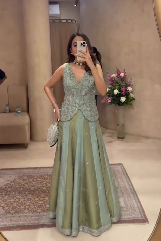 Elegant Olive Green and Mint Green Chinon Silk Embroidered Designer Lehenga Choli for Women