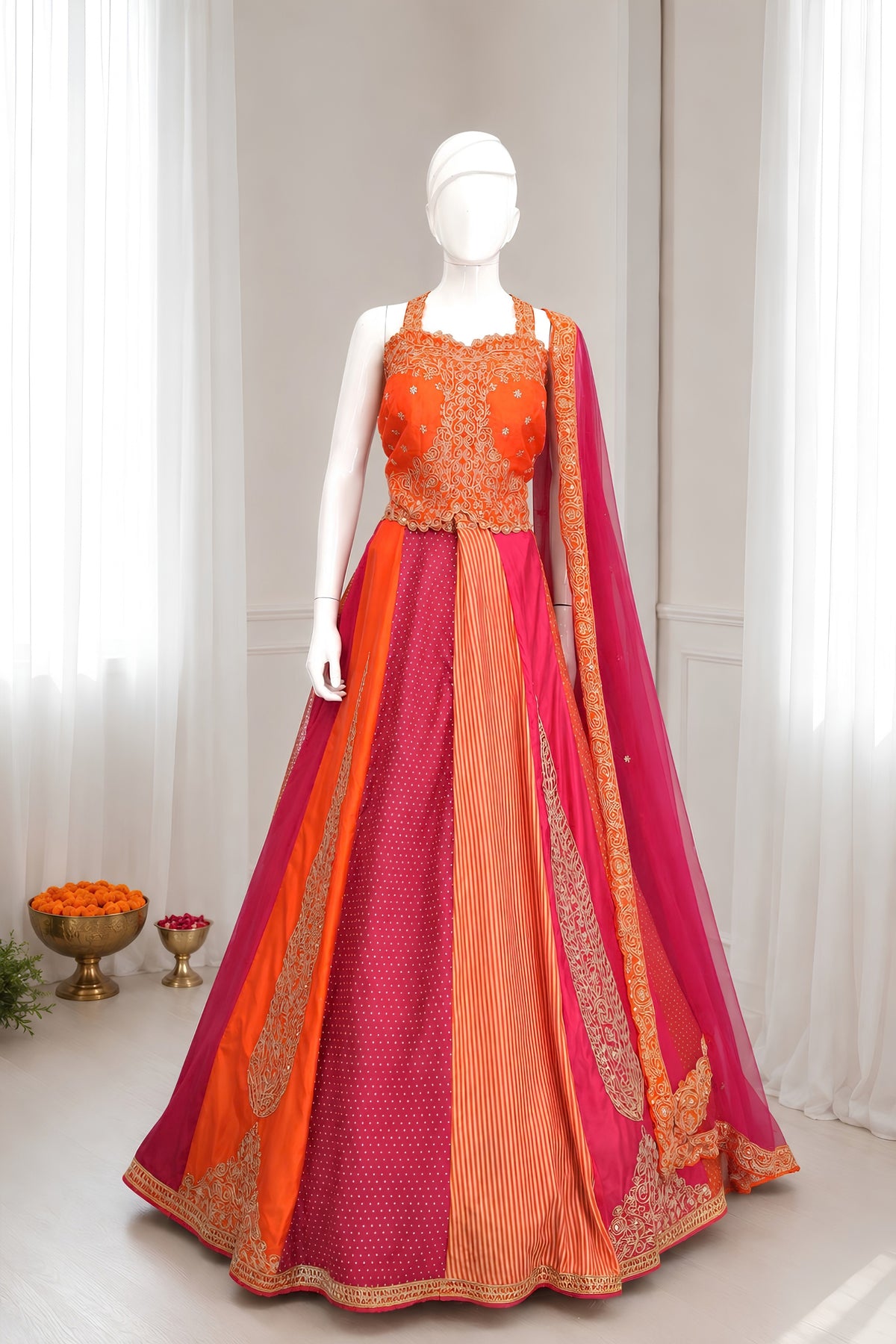 Stylish Red and Rani Pink Chinon Silk Embroidered Designer Lehenga Choli with Dupatta for Women