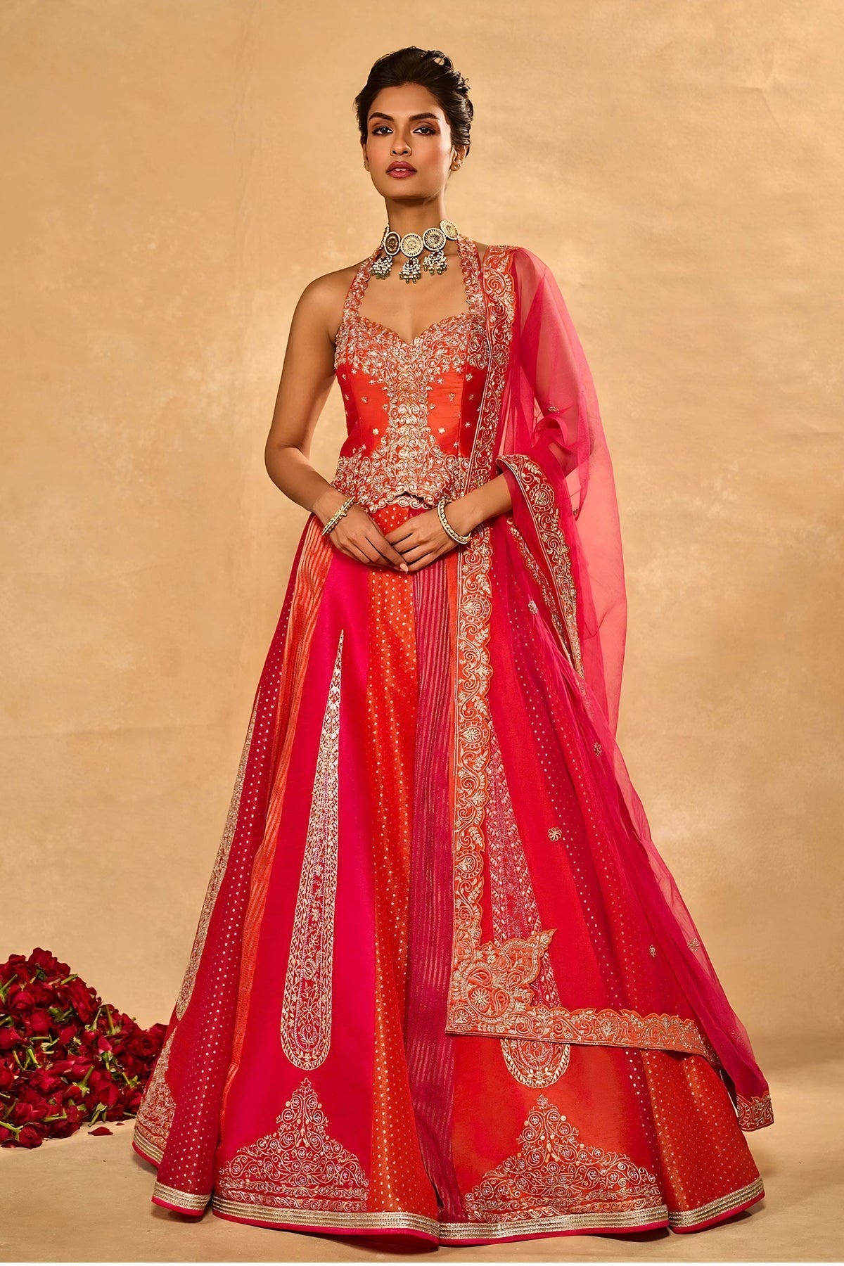 Stylish Red and Rani Pink Chinon Silk Embroidered Designer Lehenga Choli with Dupatta for Women