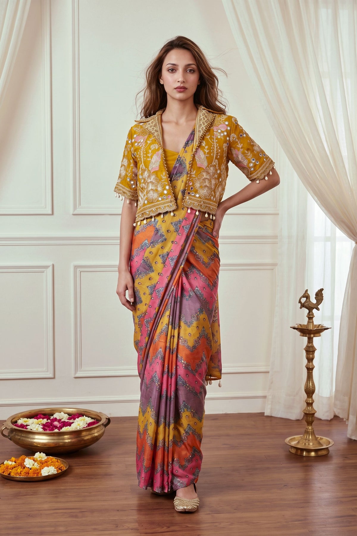 Stylish Mustard Yellow Multicolor Heavy Chinon Silk Digital Print Saree for Women
