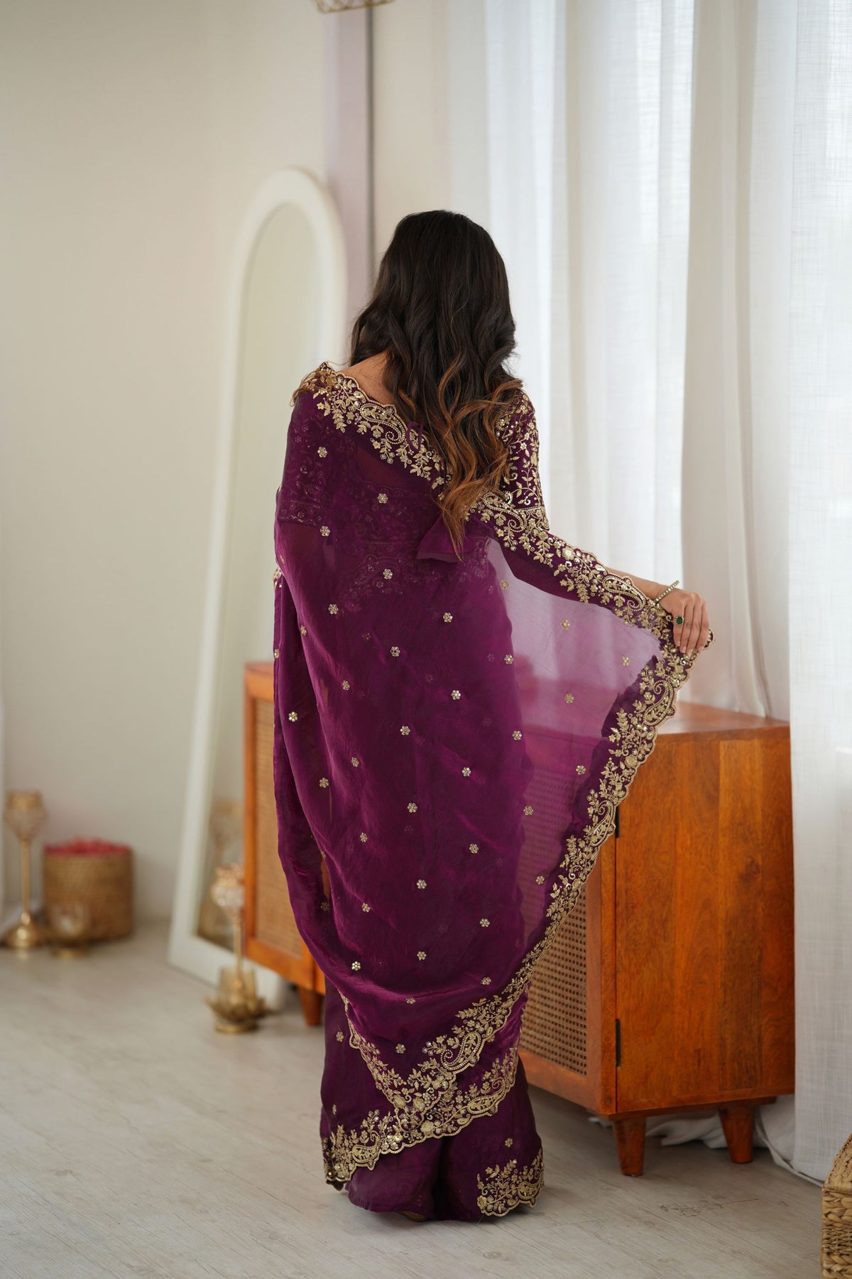 Elegant Wine Fendy Silk Thread & Sequin Embroidery Saree