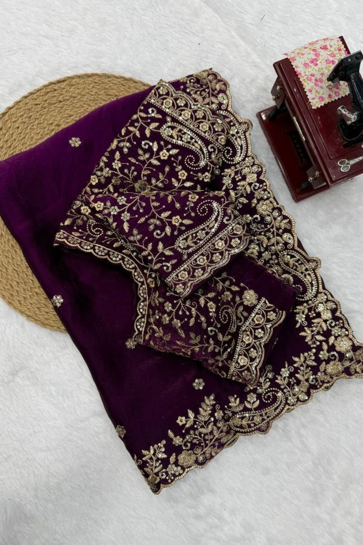 Elegant Wine Fendy Silk Thread & Sequin Embroidery Saree