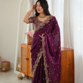 Elegant Wine Fendy Silk Thread & Sequin Embroidery Saree
