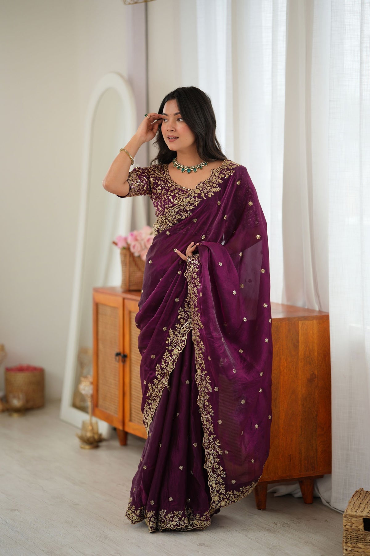 Elegant Wine Fendy Silk Thread & Sequin Embroidery Saree