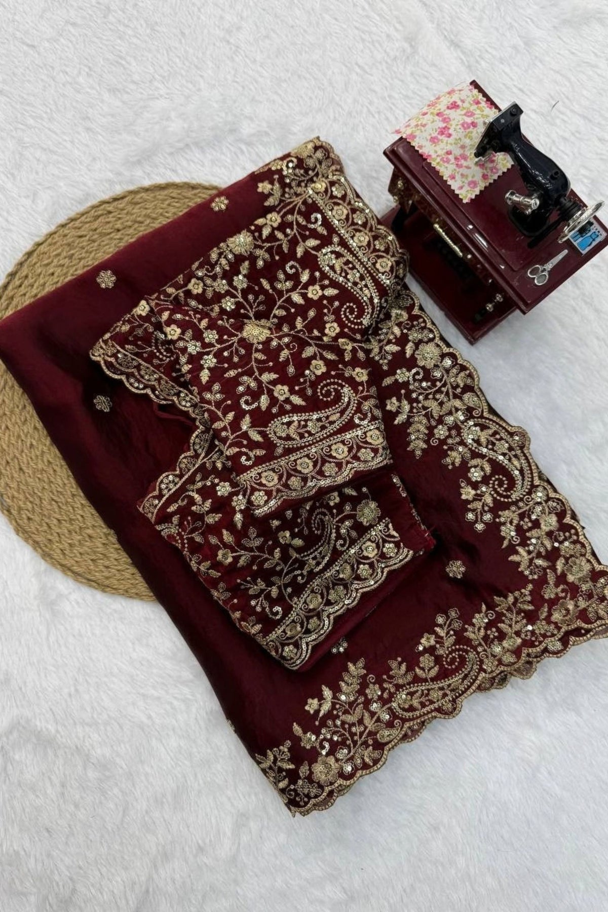 Stunning Maroon Fendy Silk Thread & Sequin Embroidery Saree