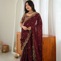 Stunning Maroon Fendy Silk Thread & Sequin Embroidery Saree