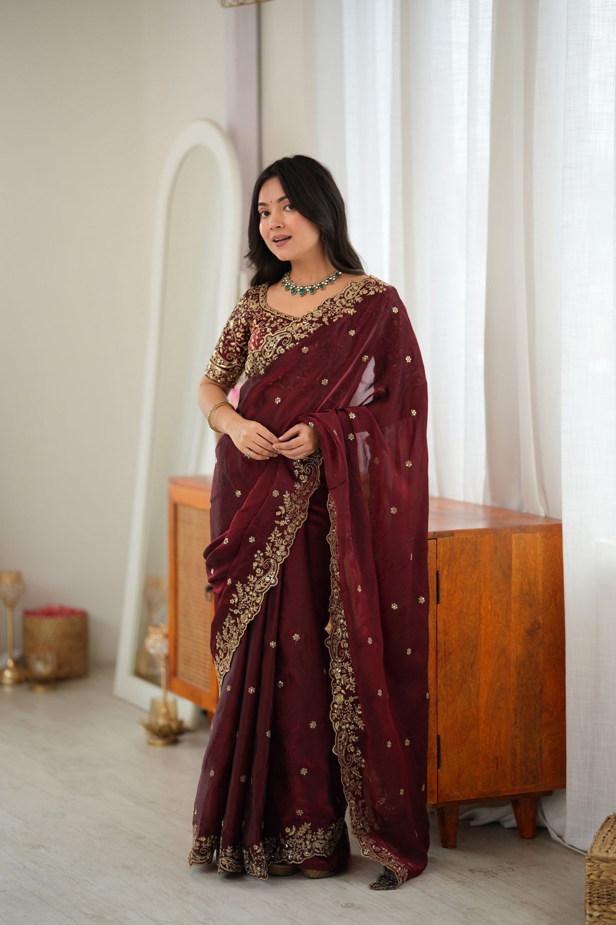 Stunning Maroon Fendy Silk Thread & Sequin Embroidery Saree