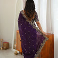 Stylish Dark Purple Fendy Silk Thread & Sequin Embroidery Saree