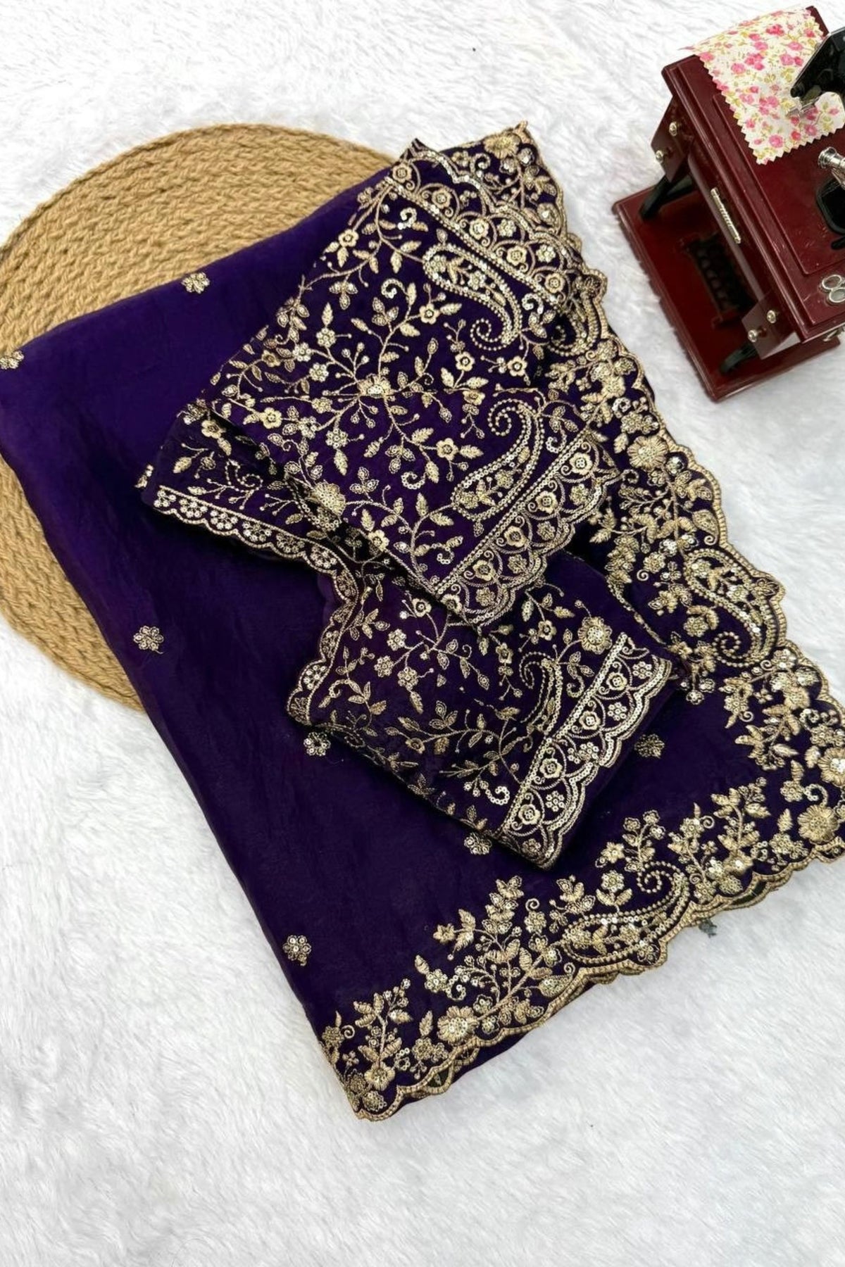 Stylish Dark Purple Fendy Silk Thread & Sequin Embroidery Saree