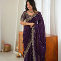 Stylish Dark Purple Fendy Silk Thread & Sequin Embroidery Saree