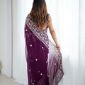 Stunning Purple Faux Georgette Elegant Thread Embroidery Saree for Women