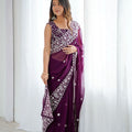 Stunning Purple Faux Georgette Elegant Thread Embroidery Saree for Women