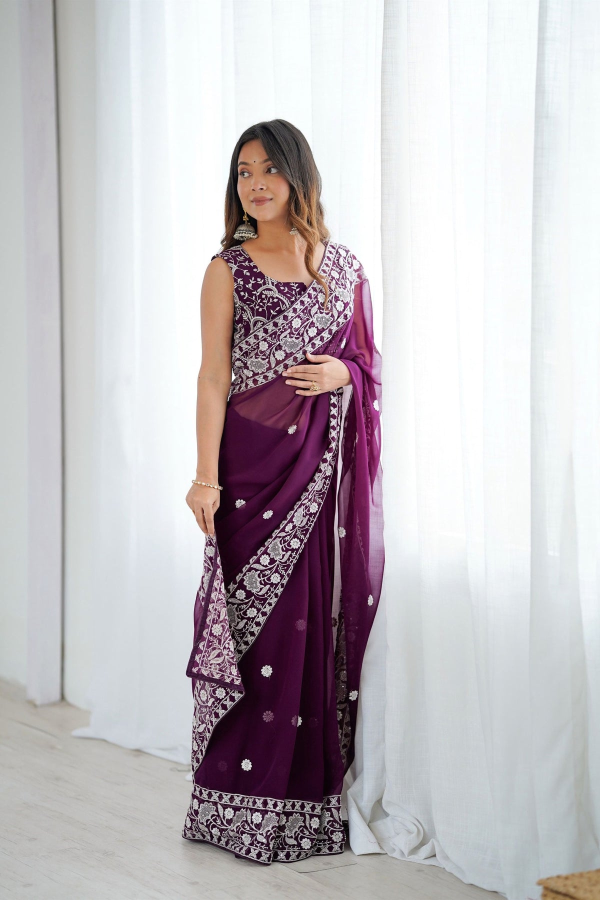 Stunning Purple Faux Georgette Elegant Thread Embroidery Saree for Women