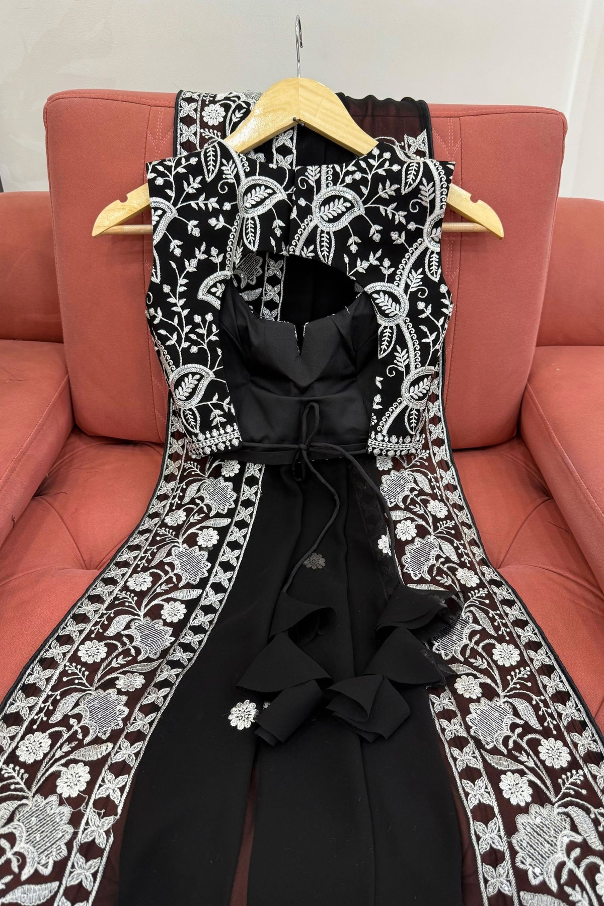 Premium Black Faux Georgette Elegant Thread Embroidery Saree for Women