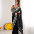 Premium Black Faux Georgette Elegant Thread Embroidery Saree for Women