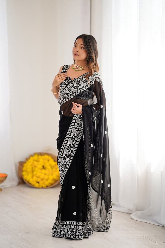 Premium Black Faux Georgette Elegant Thread Embroidery Saree for Women