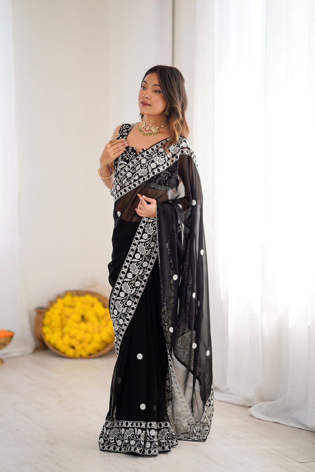 Premium Black Faux Georgette Elegant Thread Embroidery Saree for Women