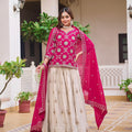 Elegant Cream and Rani Pink Tissue Silk Embroidered Indo-Western Lehenga Choli with Dupatta