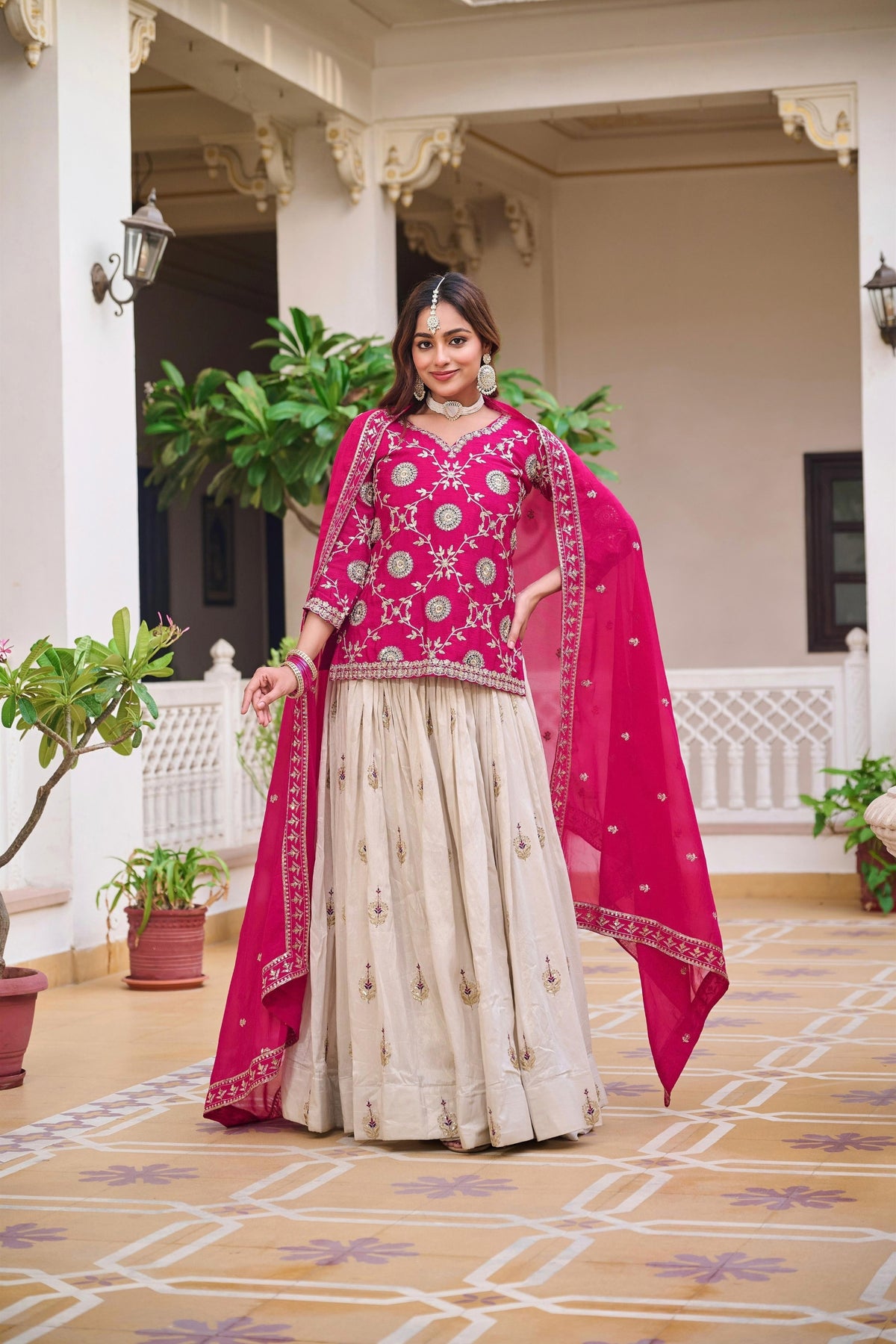 Elegant Cream and Rani Pink Tissue Silk Embroidered Indo-Western Lehenga Choli with Dupatta