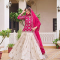 Elegant Cream and Rani Pink Tissue Silk Embroidered Indo-Western Lehenga Choli with Dupatta