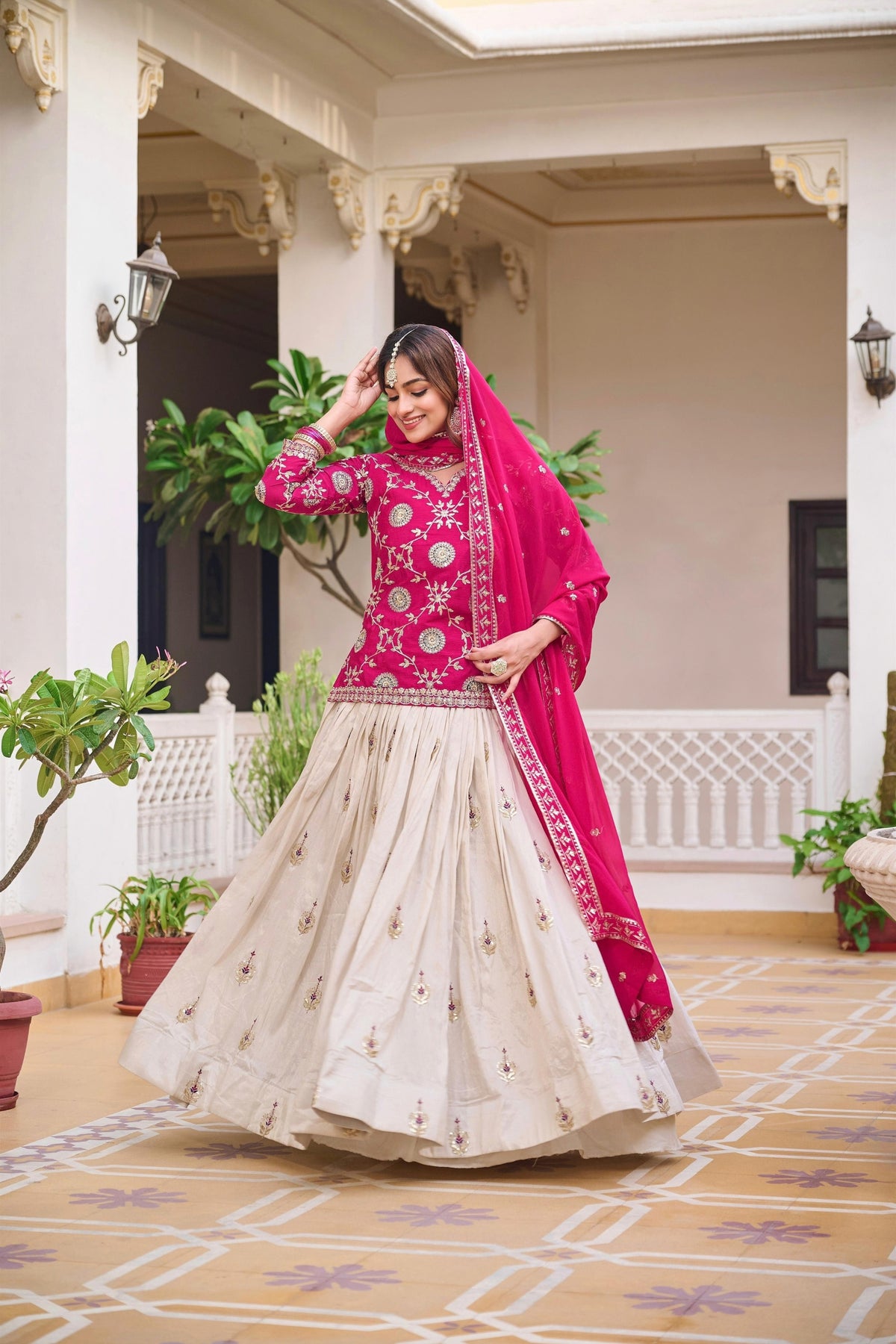 Elegant Cream and Rani Pink Tissue Silk Embroidered Indo-Western Lehenga Choli with Dupatta
