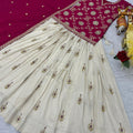 Elegant Cream and Rani Pink Tissue Silk Embroidered Indo-Western Lehenga Choli with Dupatta
