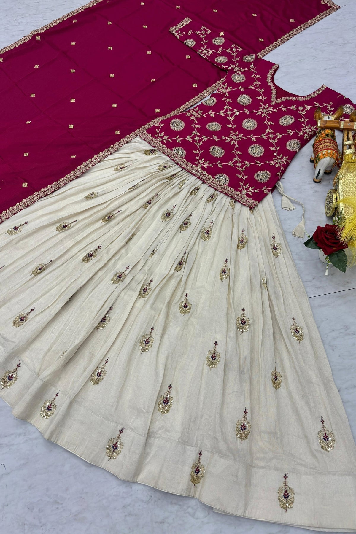 Elegant Cream and Rani Pink Tissue Silk Embroidered Indo-Western Lehenga Choli with Dupatta