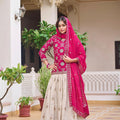 Elegant Cream and Rani Pink Tissue Silk Embroidered Indo-Western Lehenga Choli with Dupatta