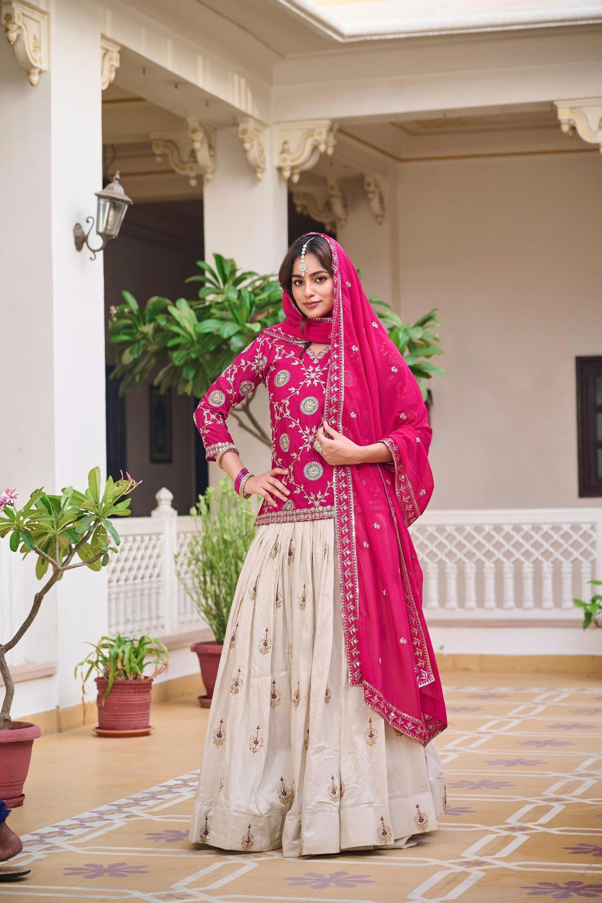 Elegant Cream and Rani Pink Tissue Silk Embroidered Indo-Western Lehenga Choli with Dupatta