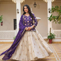 Outstanding Cream and Royal Purple Tissue Silk Embroidered Indo-Western Lehenga Choli with Dupatta