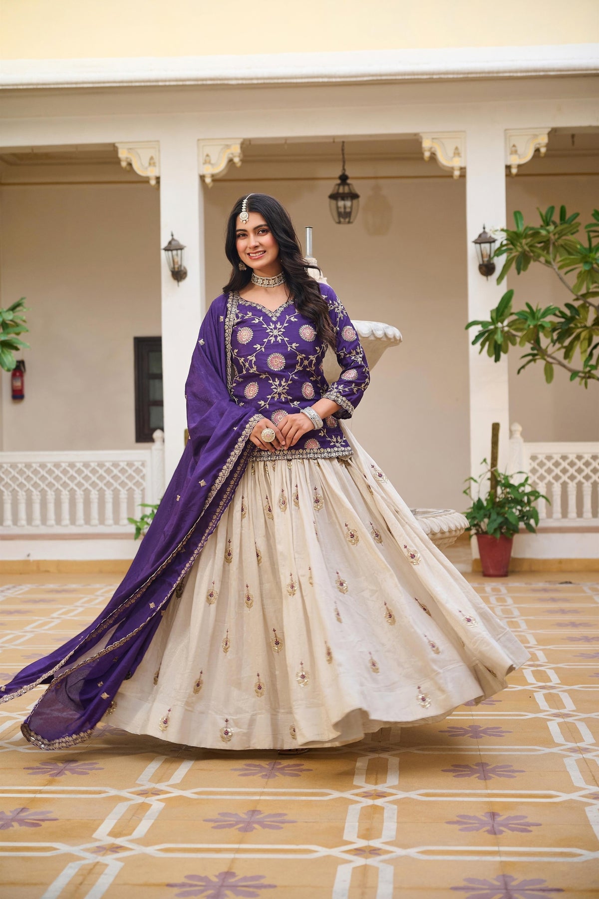 Outstanding Cream and Royal Purple Tissue Silk Embroidered Indo-Western Lehenga Choli with Dupatta